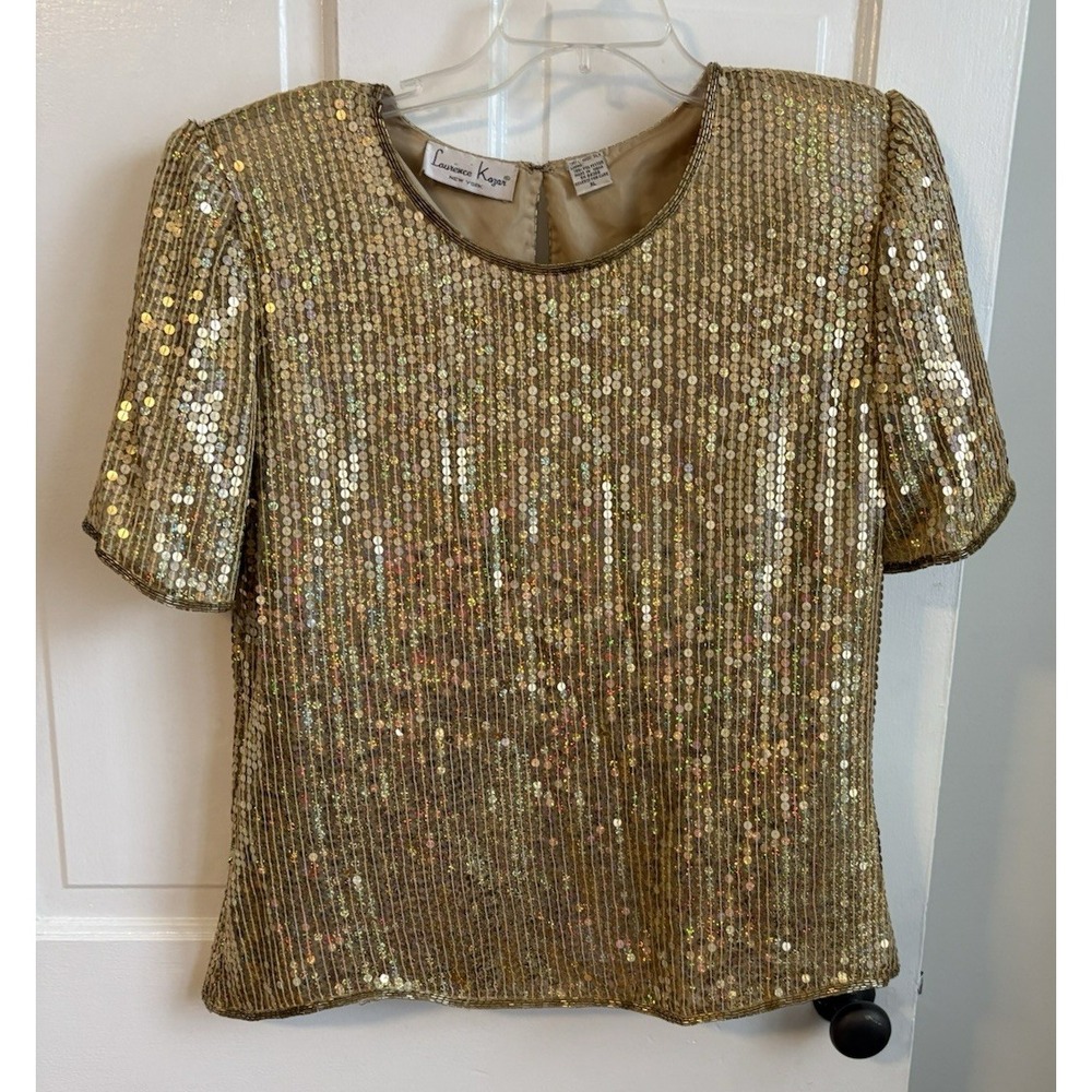 Laurence Kazar Gold Sequin Silk Blouse VTG Beaded Evening Top XL Shoulder Pad